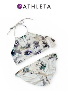 ATHLETA WATERCOLOR HALTER KEYHOLE BIKINI SET REVERSIBLE BOTTOMS UPF 50 **NWT**